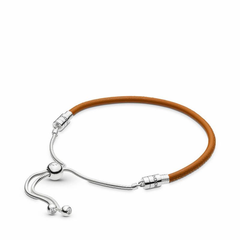 Pandora Sliding Golden Tan Leather Bracelet - Sterling Silver/Leather/Brown/Cubic Zirconia - Canada